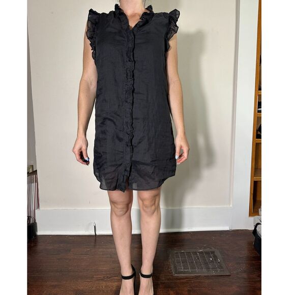 FRAME Lauren Ruffled Ramie-gauze Mini Dress In Black Size Small - Picture 2 of 5